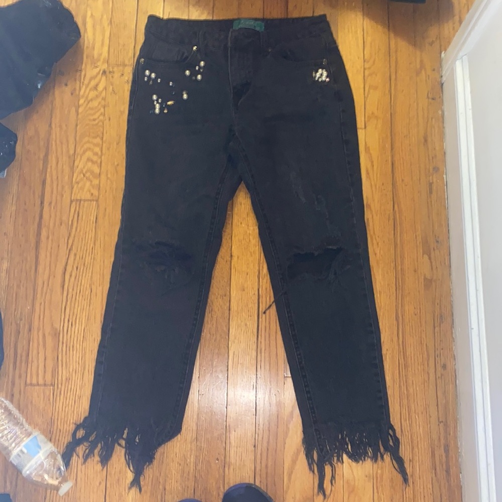 Jewled low rise frayed jeans
